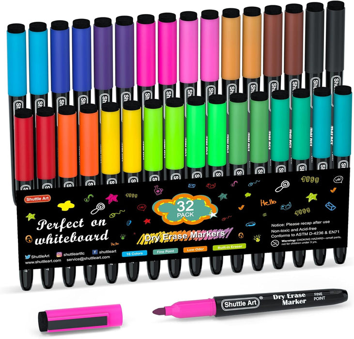 Dry Erase Markers - 32 Pack, 16 Colors