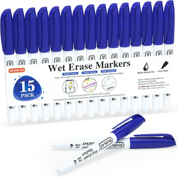 Blue Wet Erase Markers, 1mm Fine Tip - Set of 15