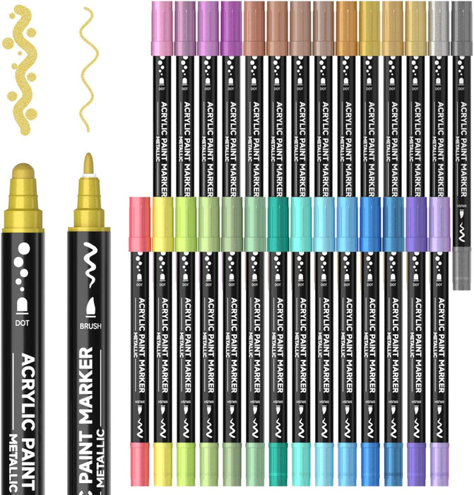 Dual Tip Acrylic Paint Markers, Dot Tip and Fine Tip - 28 Metallic Colors