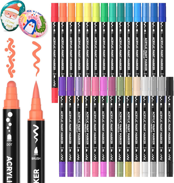 Dual Tip Acrylic Paint Markers, Brush Tip and Dot Tip- 28 Colors