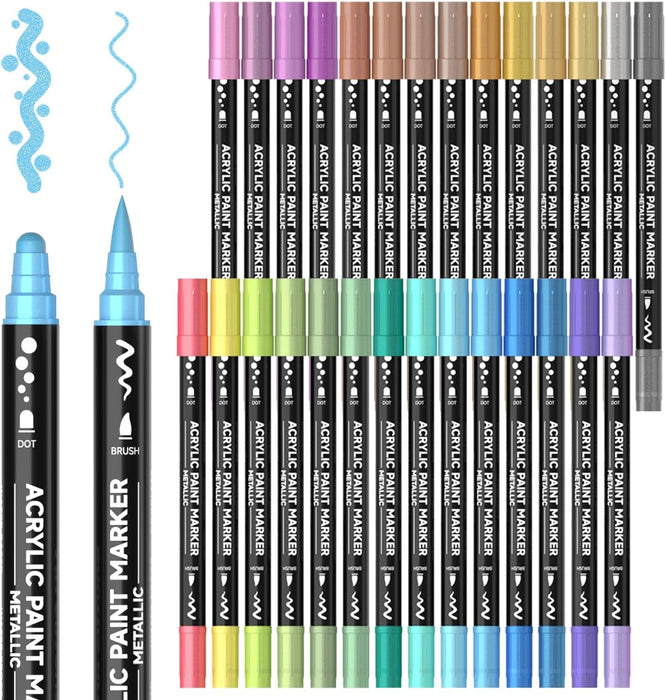 Dual Tip Acrylic Paint Markers, Brush Tip and Dot Tip - 28 Metallic Colors