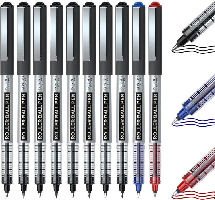 Liquid Ink Rollerball Pens - Set of 10 (8 black 1 blue 1 red)