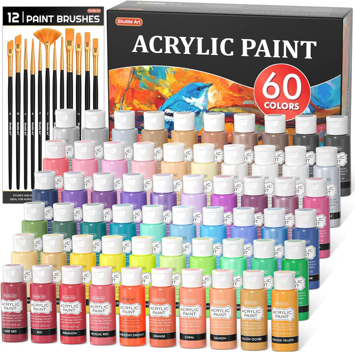 Acrylic Paint Set - 72 Pack, 60 Colors && 12 Brushes