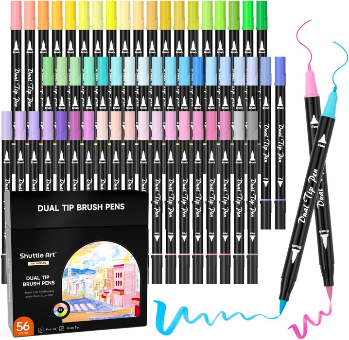 Pastel Colors Dual Brush Pen Art Markers - Set of 56