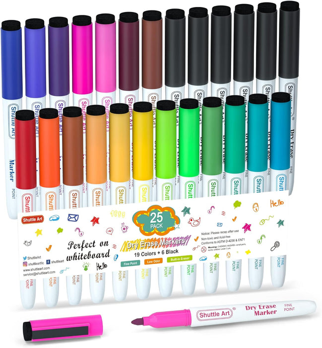 Dry Erase Markers - 25 Pack, 19 Colors + 6 Black