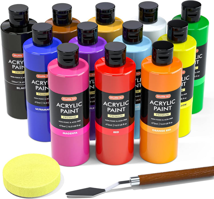 Acrylic Paint Large Bottle - 12 Colors, 473ml/16oz Each