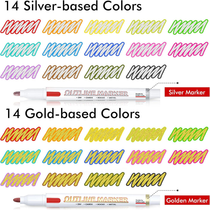 Double Line Outline Markers-14 Silver and 14 Gold