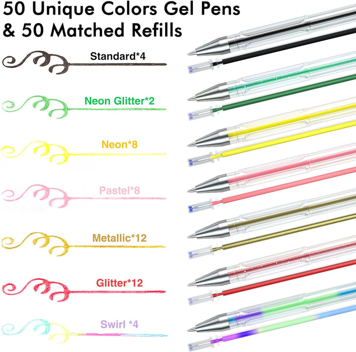 Gel Pens Set, 50 Colors Gel Pens with 50 Refills- Set of 100