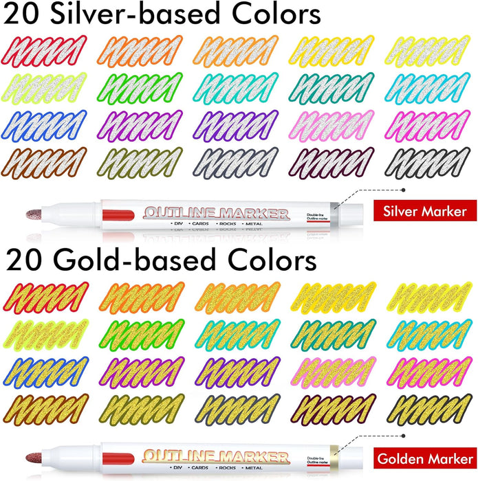 Double Line Outline Markers-20 Silver and 20 Gold