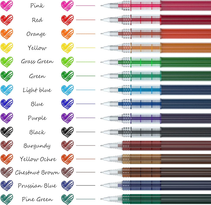 Liquid Ink Rollerball Pens - Set of 15 Colors (10 Bright + 5 Vintage)