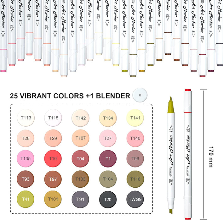 Dual Tip Art Markers - Set of 26 Colors Skin Tone&Hair