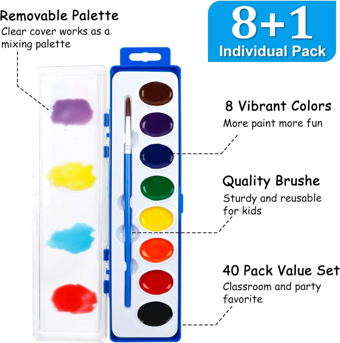 Watercolor Paint Set Bulk - Set of 40 (8 Colors)