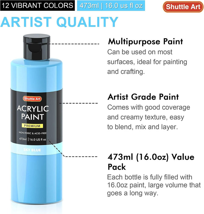 Acrylic Paint Large Bottle - 12 Colors, 473ml/16oz Each