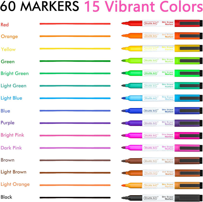 Dry Erase Markers, 15 Colors - Set of 60