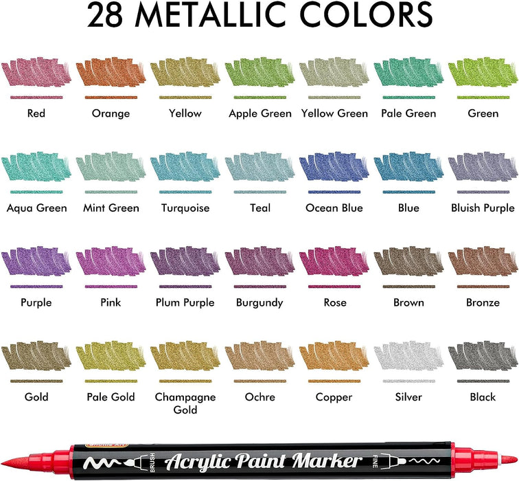Acrylic Paint Brush Markers,Dual Tips-Set of 28 Metallic