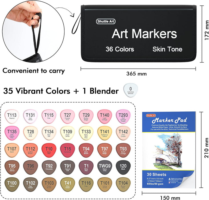 Dual Tip Art Markers - Set of 36 Colors Skin Tone&Hair with Marker Pad
