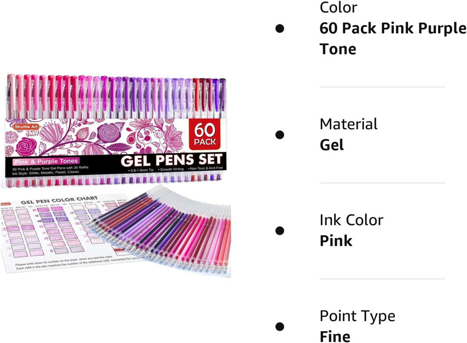 Pink Purple Gel Pens- Set of 30 with 30 Refills