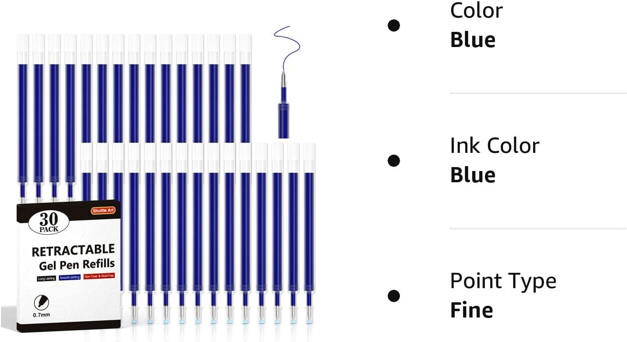 Retractable Gel Pen Refills - Set of 30 Blue