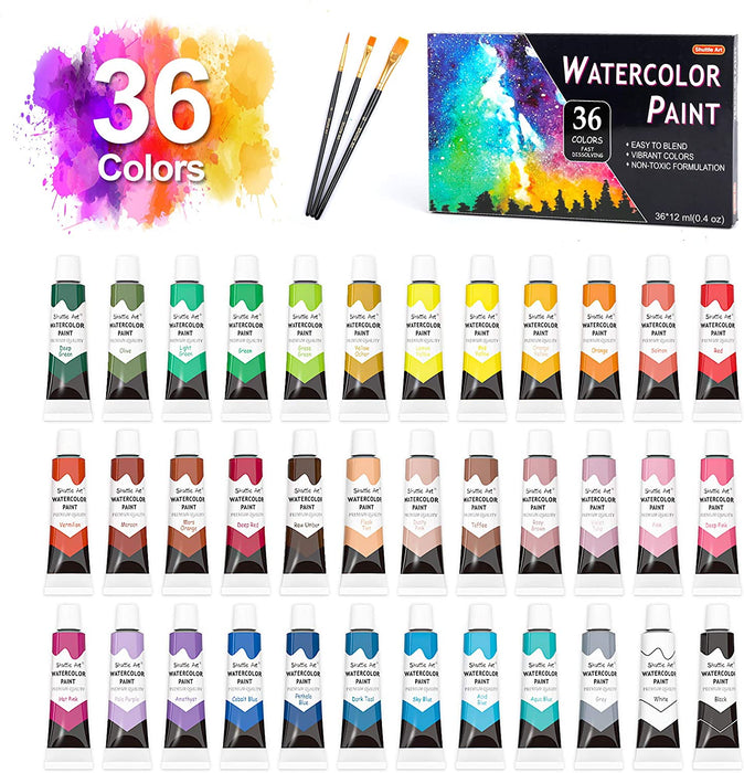 Watercolor Paint, 12ml Tube with 3 Brushes - Set of 36