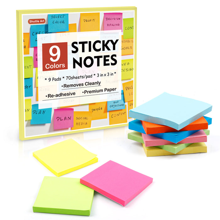 Sticky Notes, 9 Assorted Colors, 70 Sheets - Set of 9