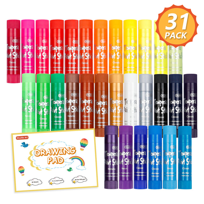 Washable Tempera Paint Sticks, 30 Colors with 1 Drawing Pad - Set of 31