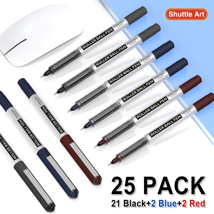 RollerBall Pens, 21 Black 2 Blue 2 Red - Set of 25
