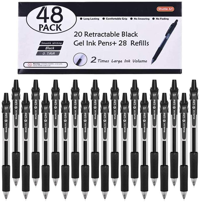 Retractable Black Gel Pens, 20 Gel Pens with 28 Refills - Set of 48