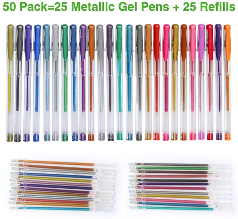 Metallic Gel Pen Set, 25 Unique Gel Pens with 25 Refills - Set of 50