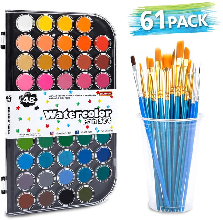 Watercolor Paint, 48 Colors Pan with 13 FREE paint brushes - Set of 61