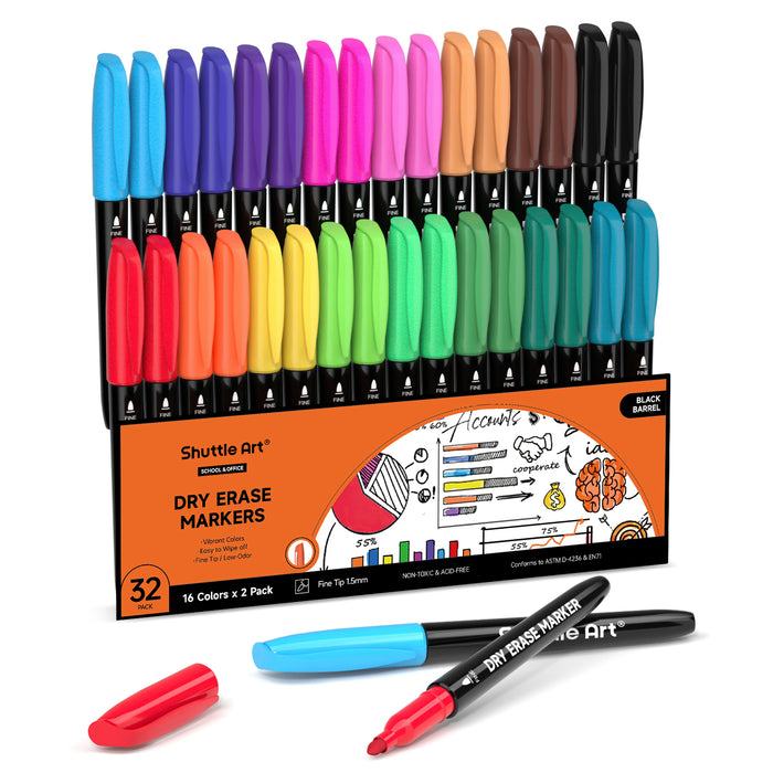 Dry Erase Markers - 32 Pack, 16 Colors