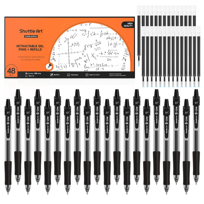 Retractable Black Gel Pens, 20 Gel Pens with 28 Refills - Set of 48