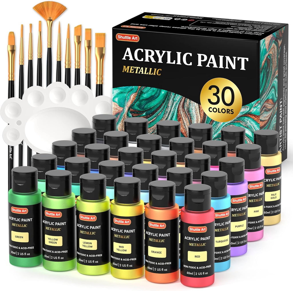 Metallic Acrylic Paint Set with 10 Brushes and 1 Palette 20 Colors  (60ml,2oz) Non Toxic Art Craft Paints for Adults, Artists, Students, Kids  Beginners