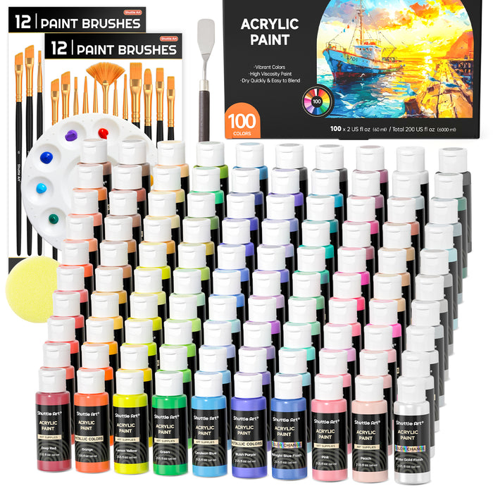 Acrylic Paint Set- 100 Colors, Include 2 Sets of 12 Paint Brushes