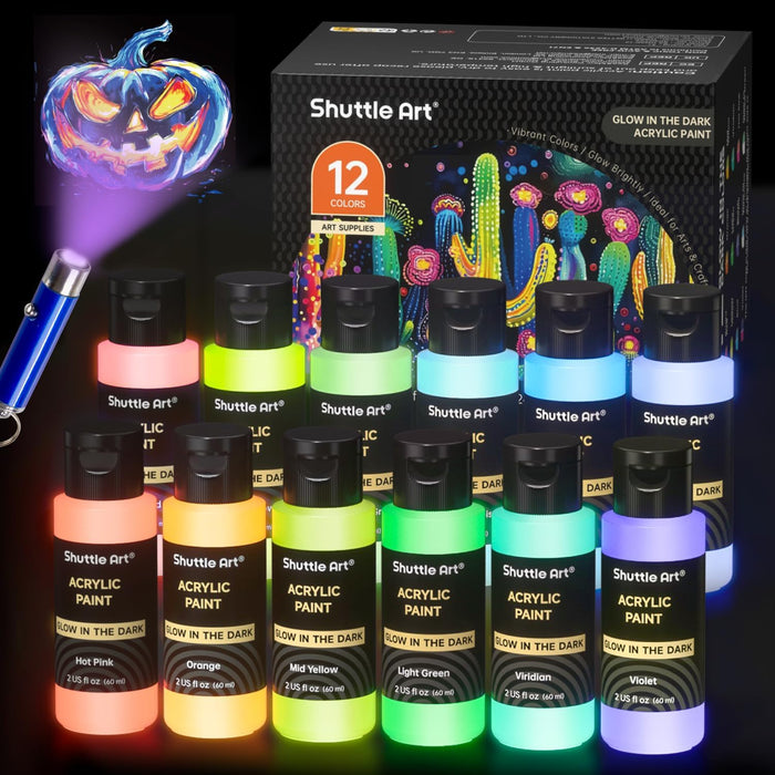 Glow in the Dark Paint, 12 Colors with UV Light, 2oz/60ml Bottles