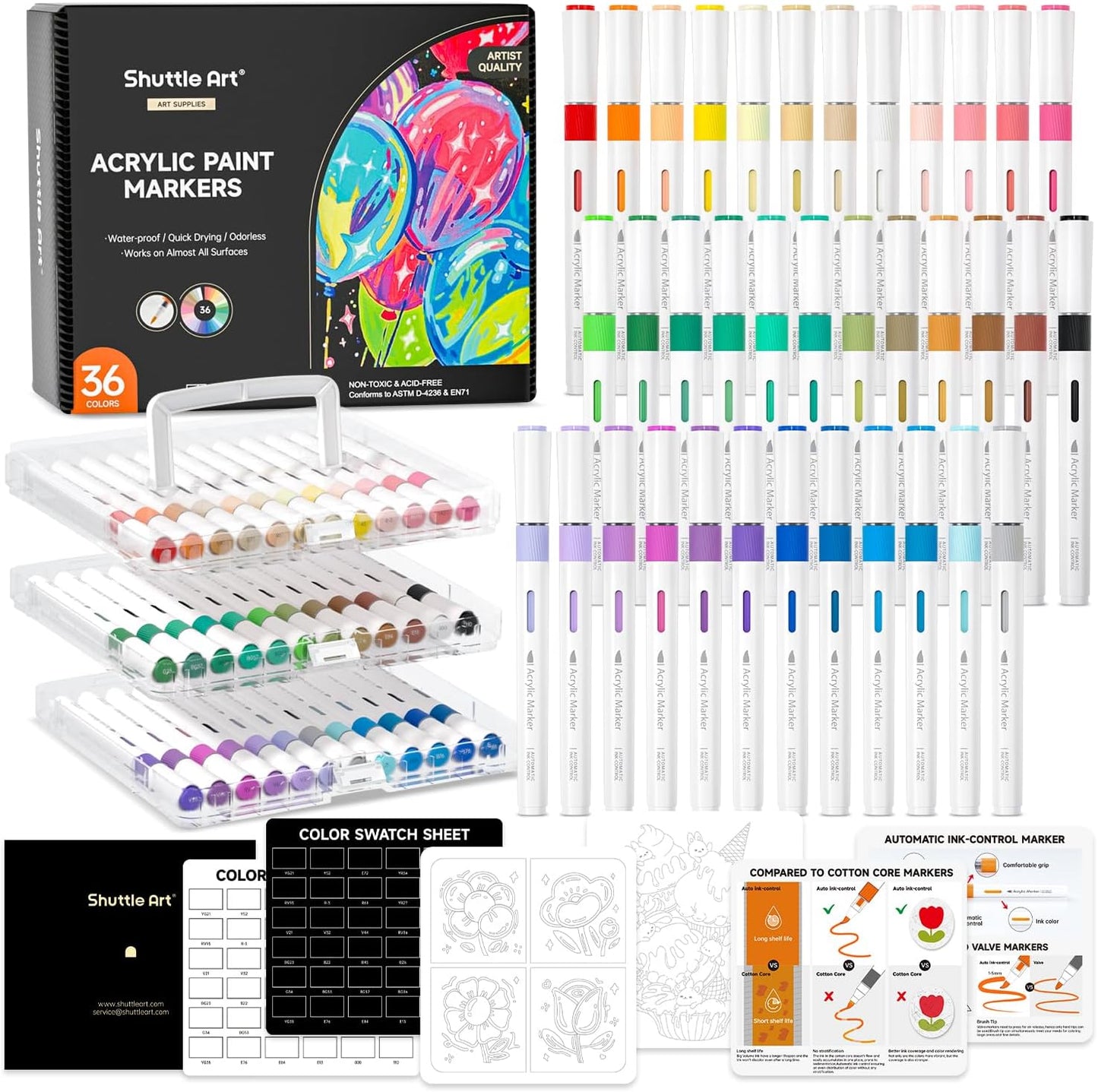 Automatic Ink Control Acrylic Paint Markers, 36 Colors Brush Tip