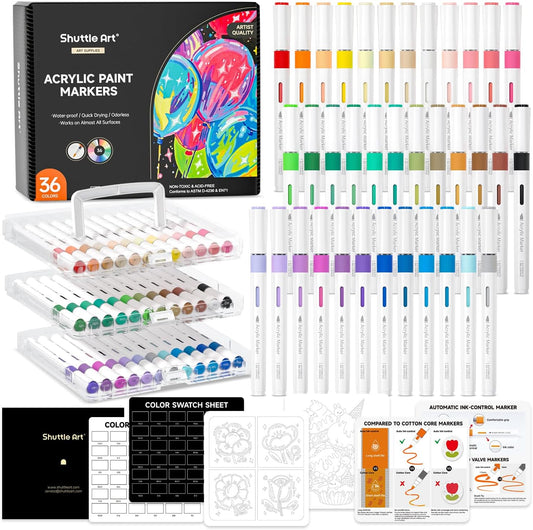 Automatic Ink Control Acrylic Paint Markers, 36 Colors Brush Tip