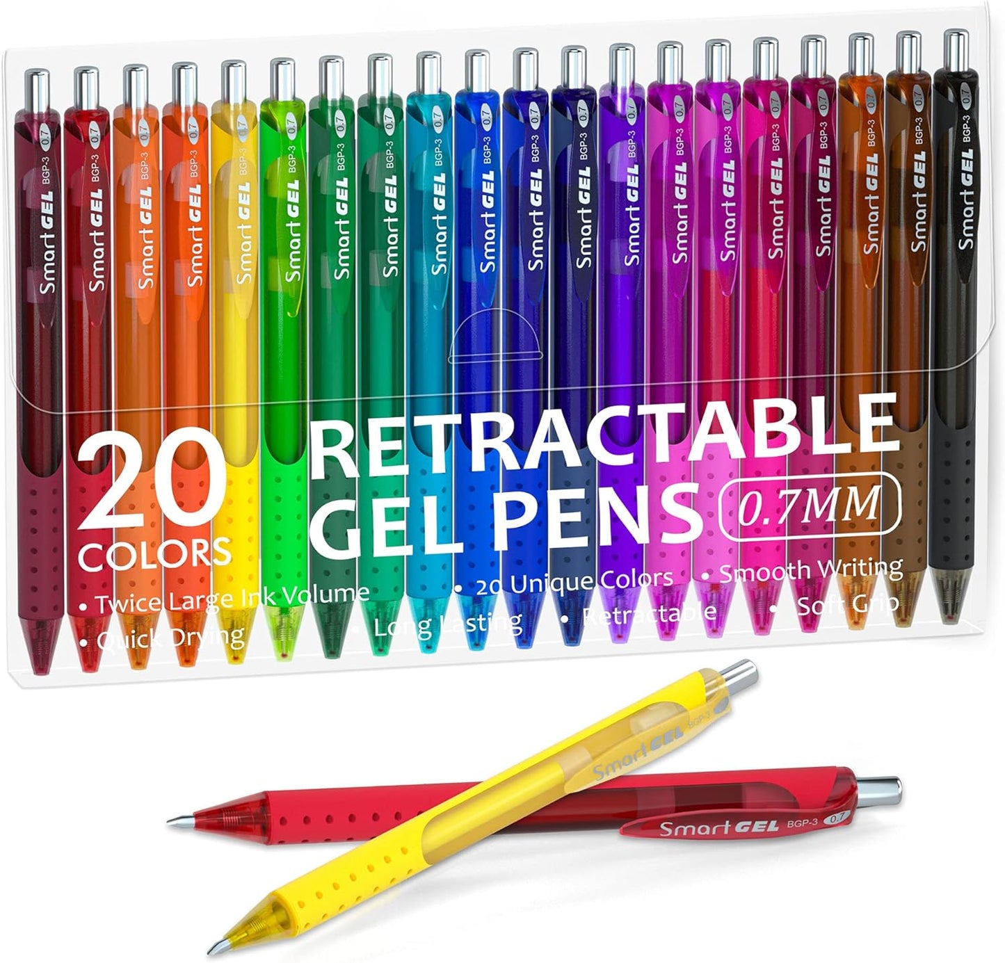 Retractable Gel Ink Pens with Grip, Medium Point (0.7mm) - Set of 20