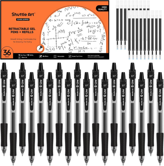 Retractable Black Gel Pens, 18 Gel Pens with 18 Refills - Set of 36