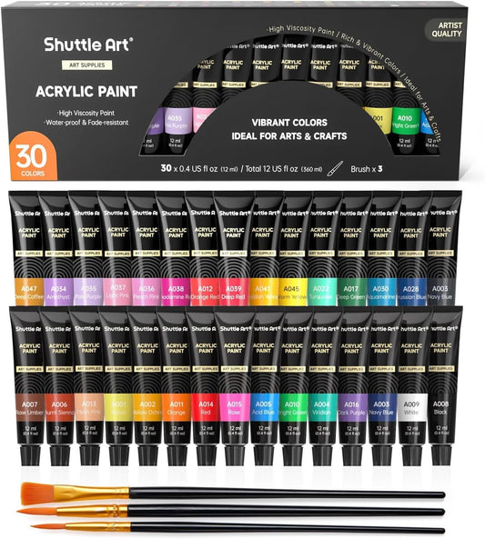 Acrylic Paint, 12ml Tubes with 3 FREE Paint Brushes - Set of 30