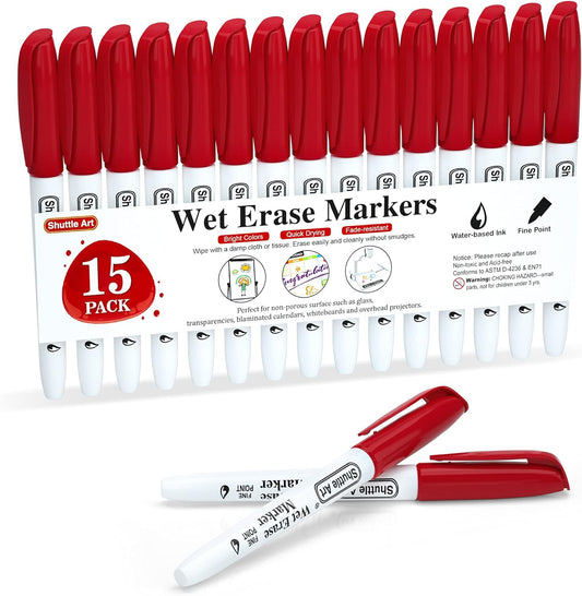 Red Wet Erase Markers, 1mm Fine Tip - Set of 15