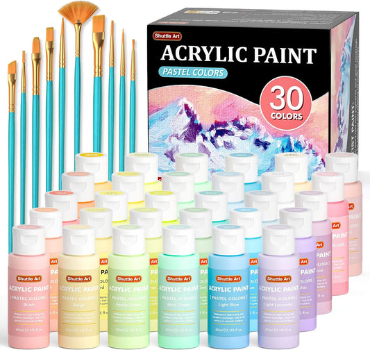 Pastel Acrylic Paint - Set of 30 Colors with 10 Paint Brushes