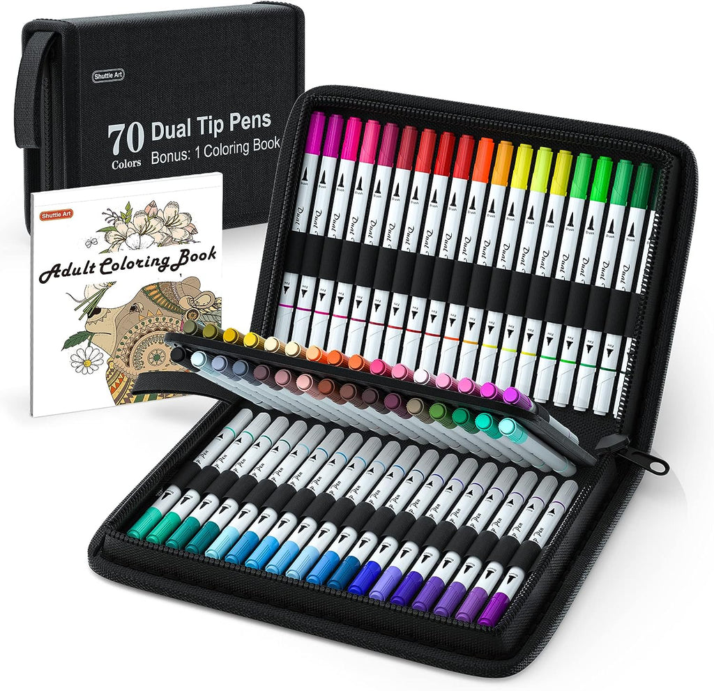 Dual Tip Brush Pens Art Markers, Shuttle Art 105 Colors Fine and Brush Dual  Tip Markers Set in Portable Case with 1 Coloring Book for Kids Adult