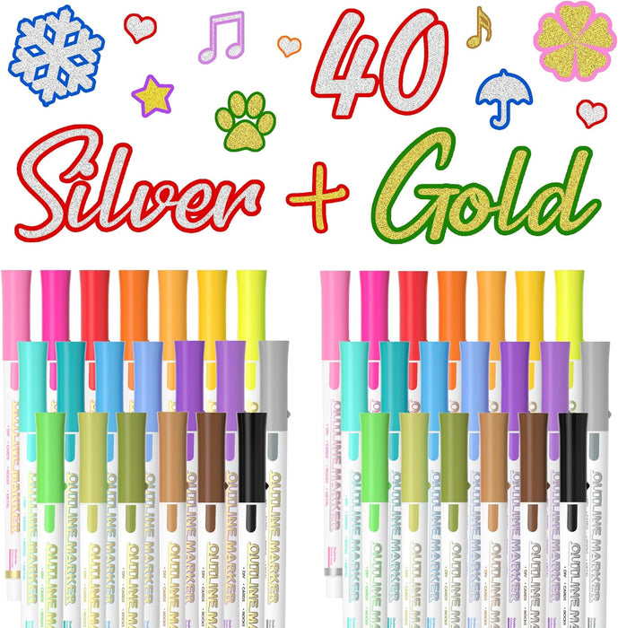 Double Line Outline Markers-20 Silver and 20 Gold