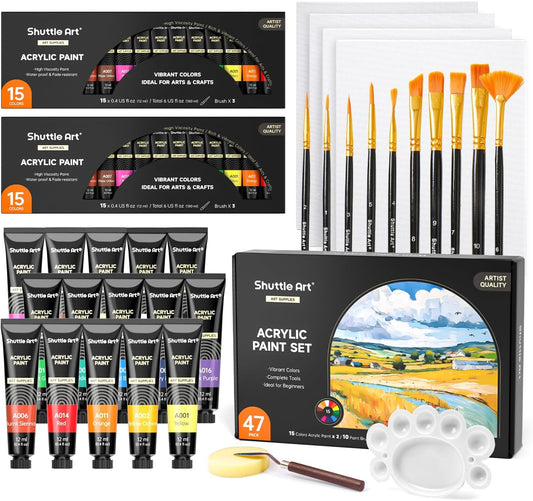 Acrylic Paint, 15 Colors*2 Pack, 10 Brushes - Set of 47