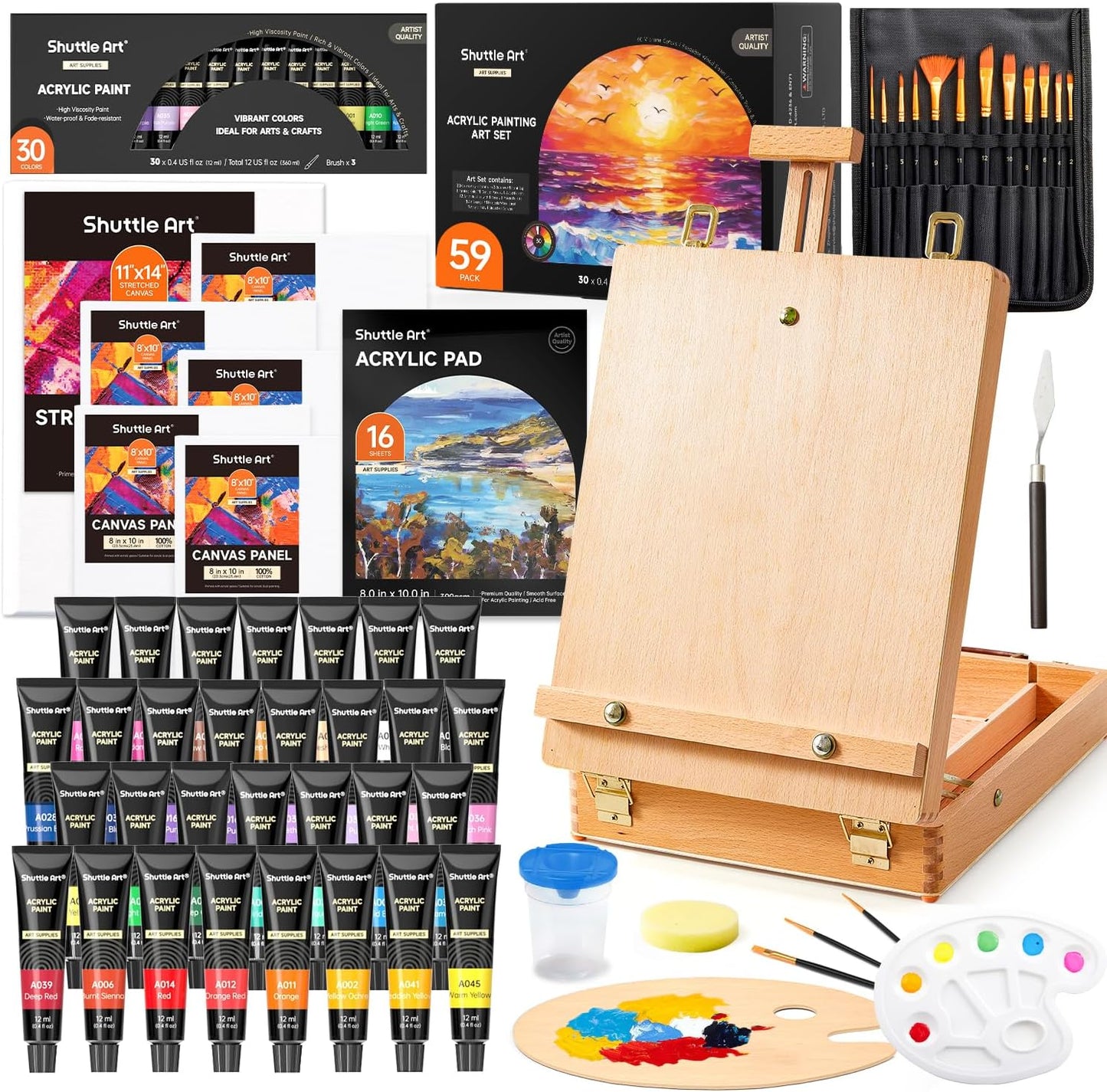 Acrylic Painting Set - 59 Pack with Wood Easel