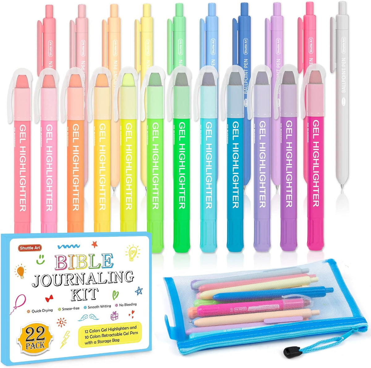 Shuttle Art Bible Highlighters and Pens No Bleed, 12 Pastel Colors Gel Highlighters No Bleed Through, Bible Journaling Supplies, Great for
