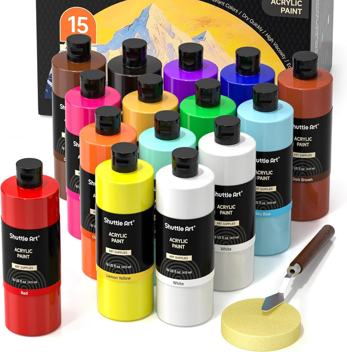 Acrylic Paint Large Bottle Set - 15 Pack 473ml/16oz Each — Shuttle Art