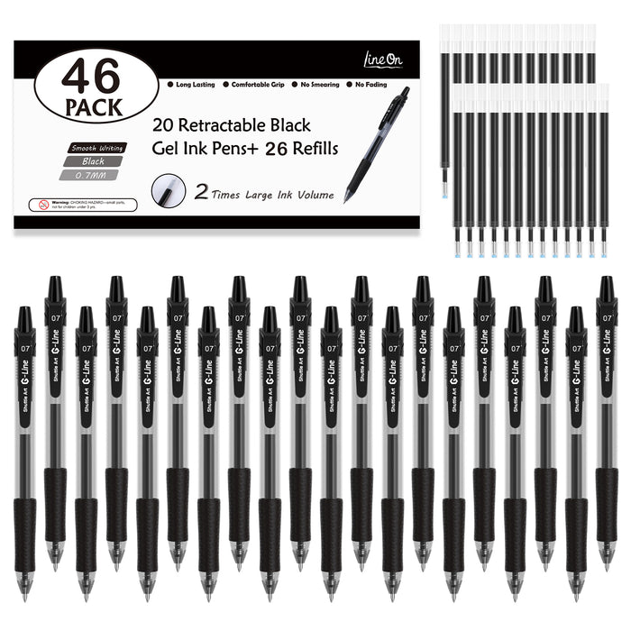 Retractable Black Gel Pens- Set of 46 (20 Gel Pens with 26 Refills)