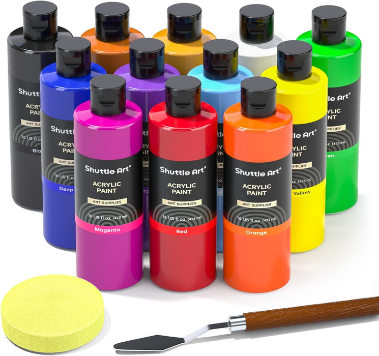 Acrylic Paint Large Bottle - 12 Colors, 473ml/16oz Each