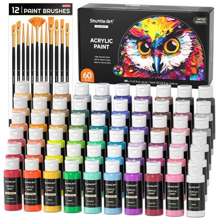 Acrylic Paint Set - 72 Pack, 60 Colors && 12 Brushes